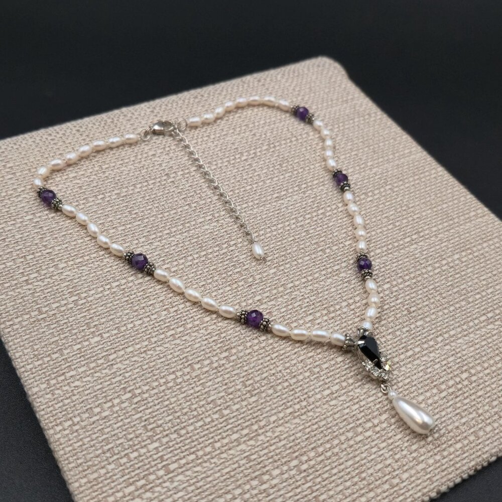 16.5 + 3 Inch Sterling Silver Pearls And Amethyst Stones Necklace B1006 - Picture 2 of 7